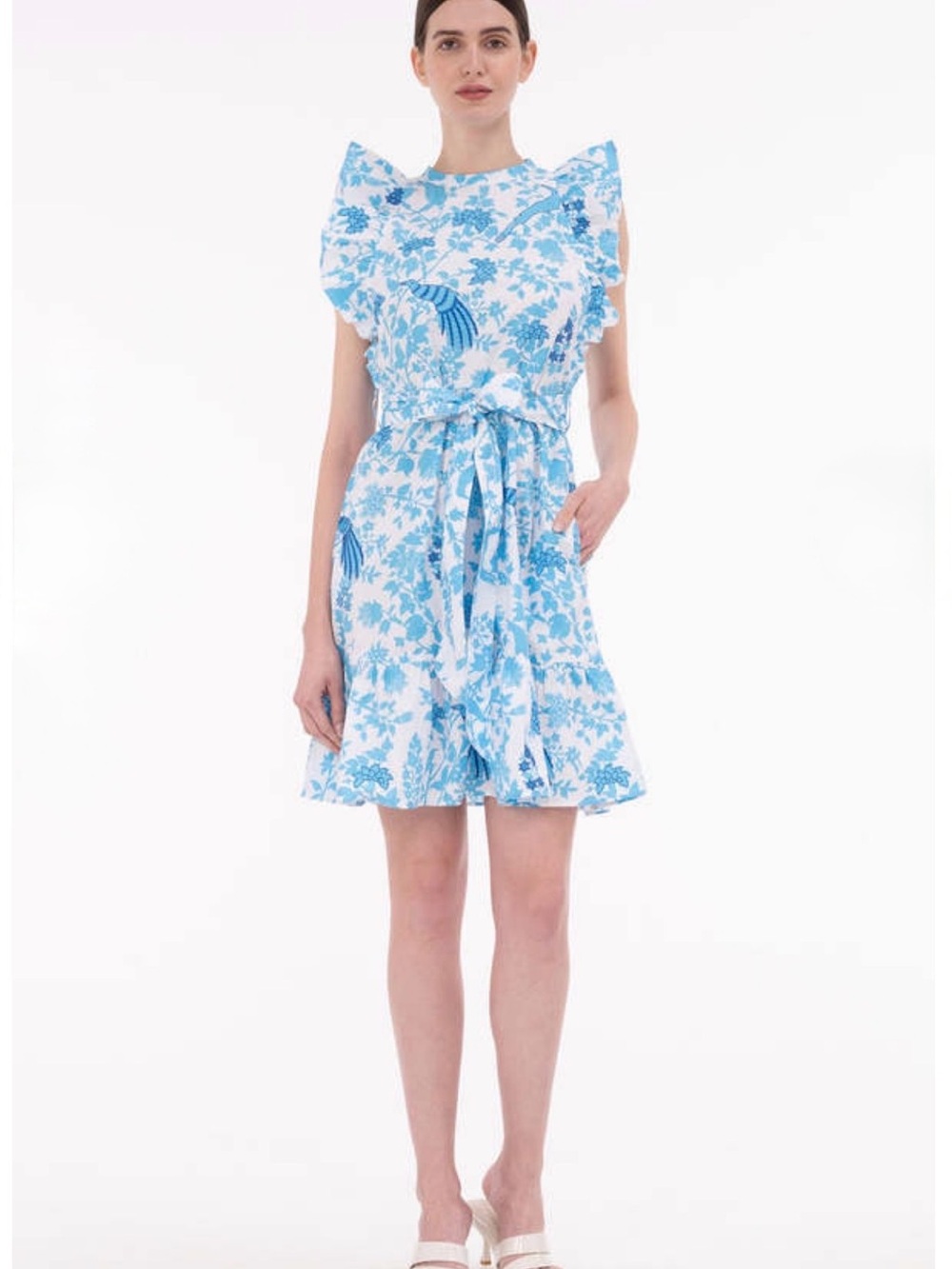 Banjanan White and Light Blue Floral Tie-Waist Ruffle Dress